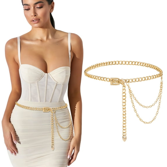 Linawe Multilayer Chain Belt for Women Girls Metal Belt Waist Chain Dress Pants Jeans Gold Belt Chain Waist Belt Pin Buckle Belly Chain Jewelry Exotic Goth Body Chains Stylish Streetwear Skinny Belt