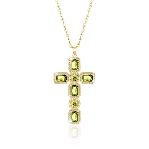 Linawe Peridot Green Cross Necklace for Women, Gold Plated Jewelry Cross Charm Pendant Chain Necklace, Crystal Imitation Diamond Birthstone Rhinestone Necklace, Catholic Birthday Mom Gifts