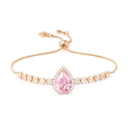 Linawe Pink Crystal Imitation Diamond Bracelet, Rose Gold Chain Charm Bracelets for Women, Rhinestone Birthstone Moissanite Cubic Zirconia Bracelet, Prom Wedding Preppy Cute Jewelry
