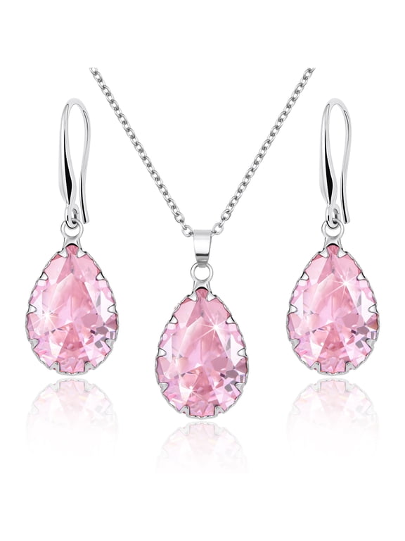 Pink Jewelry Sets for Women, Crystal Pendant Necklace Set Silver, Imitation Diamond Rhinestone Cubic Zirconia Birthstone Teardrop Dangle Drop Earrings, Matching Necklace Wedding Earring Set