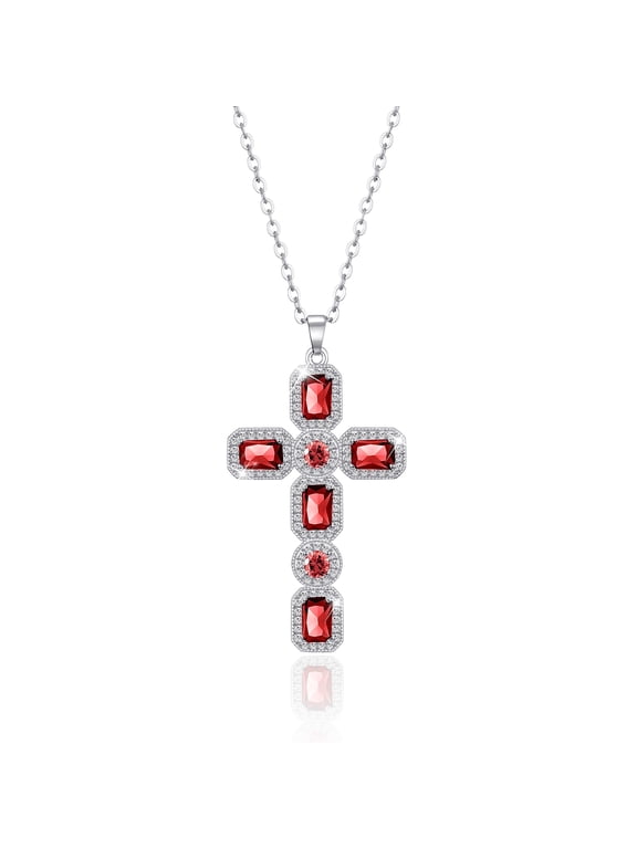 Red Cross Necklace for Women, Garnet Ruby Silver Jewelry, Cross Charm Pendant Chain Necklace, Crystal Imitation Diamond Birthstone Cubic Zirconia Rhinestone Necklace, Catholic Gifts