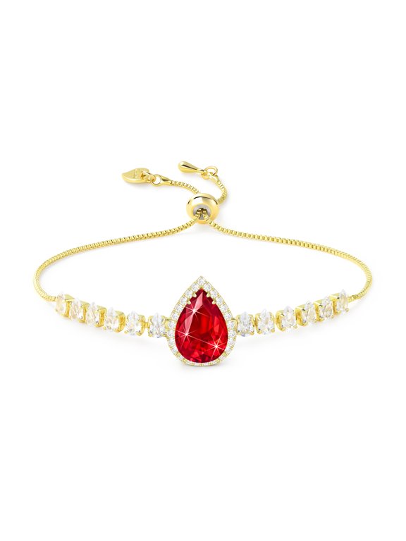 Red Crystal Imitation Diamond Charm Bracelet, 14K Gold Plated Ruby Rhinestone Birthstone Cubic Zirconia Gemstone Bracelets for Women, Chain Adjustable Bracelet Set, Prom Wedding Jewelry