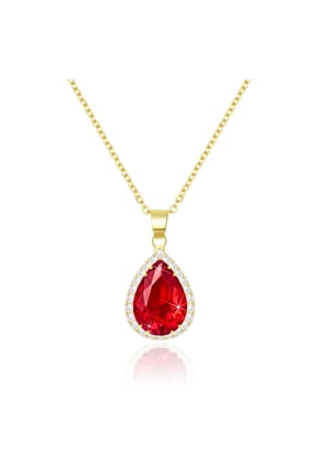 Red Crystal Ruby Pendant Chain Necklace for Women, Imitation Diamond 14K Gold Plated Necklace, Cubic Zirconia Birthstone Teardrop Rhinestone Necklace Wedding Jewelry Set