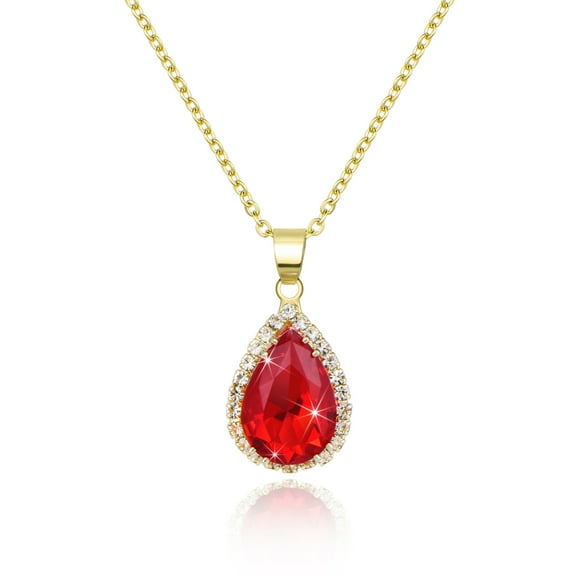 Linawe Red Crystal Ruby Pendant Chain Necklace for Women, Imitation Diamond 14K Gold Plated Necklace, Cubic Zirconia Birthstone Teardrop Rhinestone Necklace Wedding Jewelry Set