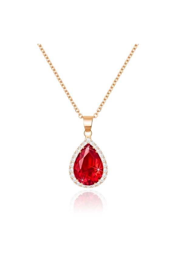 Red Crystal Ruby Pendant Chain Necklace for Women Rose Gold, Imitation Diamond Boho Necklace, Cubic Zirconia Birthstone Teardrop Rhinestone Preppy Wedding Jewelry
