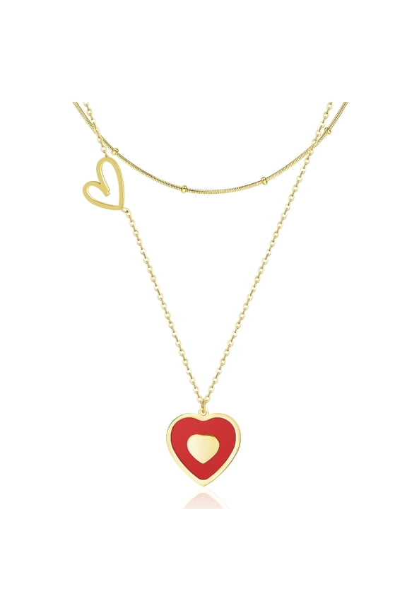 Red Gold Heart Necklace for Women, Stainless Steel Layered Pendant Choker Layering Necklace Set, Preppy Y2K Cute Aesthetic Stuff, Gift Her Valentines Day Anniversary