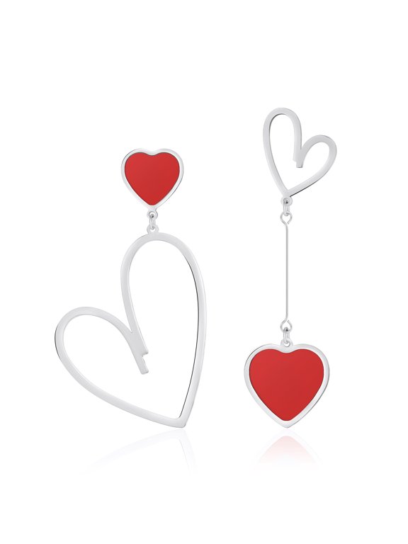 Silver Red Heart Earrings for Women, Titanium Surgical Steel Dangle Earrings Dangling, Long Drop Earrings, Asymmetrical Mismatched Cute Love Earrings, Heart Jewelry