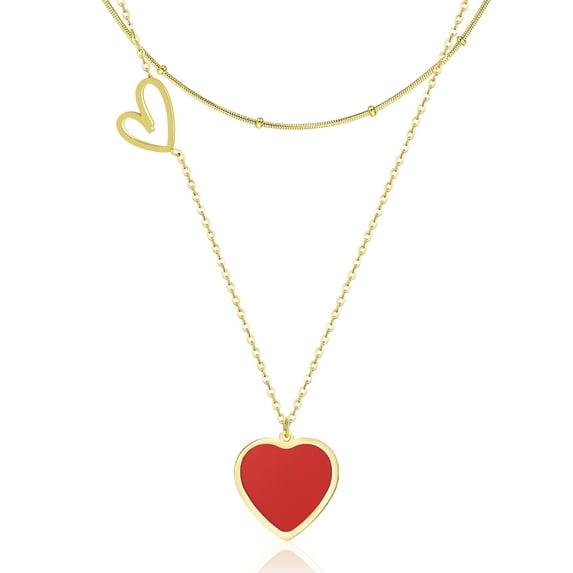 Linawe Red Heart Gold Necklace for Women, Stainless Steel Layered Choker Pendant Necklace Layering, Cute Preppy Y2K Jewelry, Gift for Her Birthday Valentines Day Anniversary