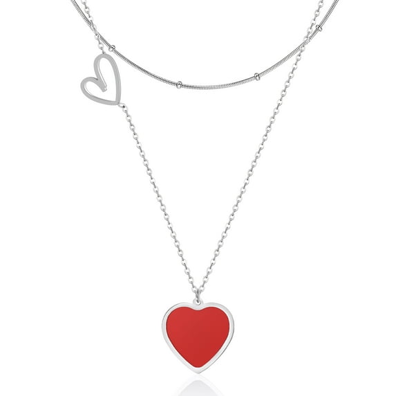 Linawe Red Heart Silver Layered Necklace Set for Women, Stainless Steel Chain Choker Pendant Necklace Layering, Preppy Y2K Jewelry, Gift for Her Birthday Valentines Day Anniversary