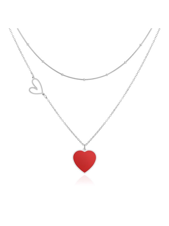 Silver Red Heart Pendant Necklace, Layered Chain Choker Necklaces for Women Trendy, Stainless Steel Stacked Necklaces, Y2K Preppy Double Heart Jewelry, Lover Necklace