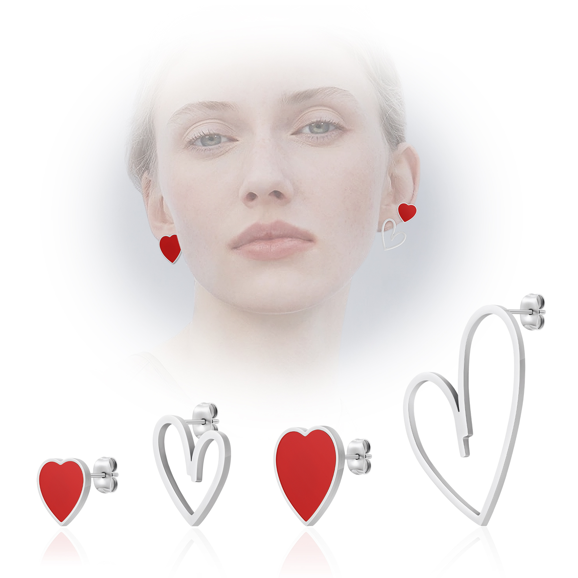 Linawe Red Heart Silver Stud Earrings for Women Girls, Hypoallergenic