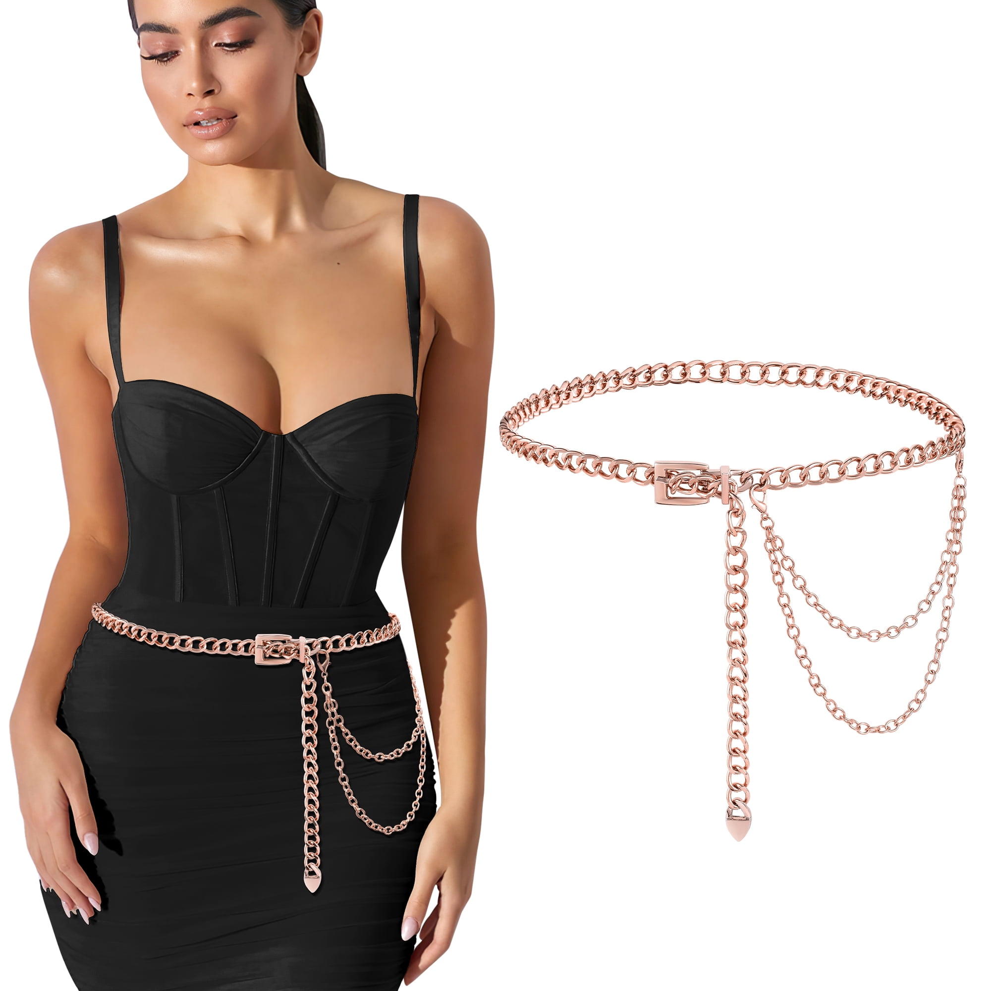 Linawe Rose Gold Belt Chain Belt Plus Size Womens Dress Belt Waist Chain Waist Belt Metal Belt Pin Buckle Adjustable Belt Jeans Pants Stylish Rope
