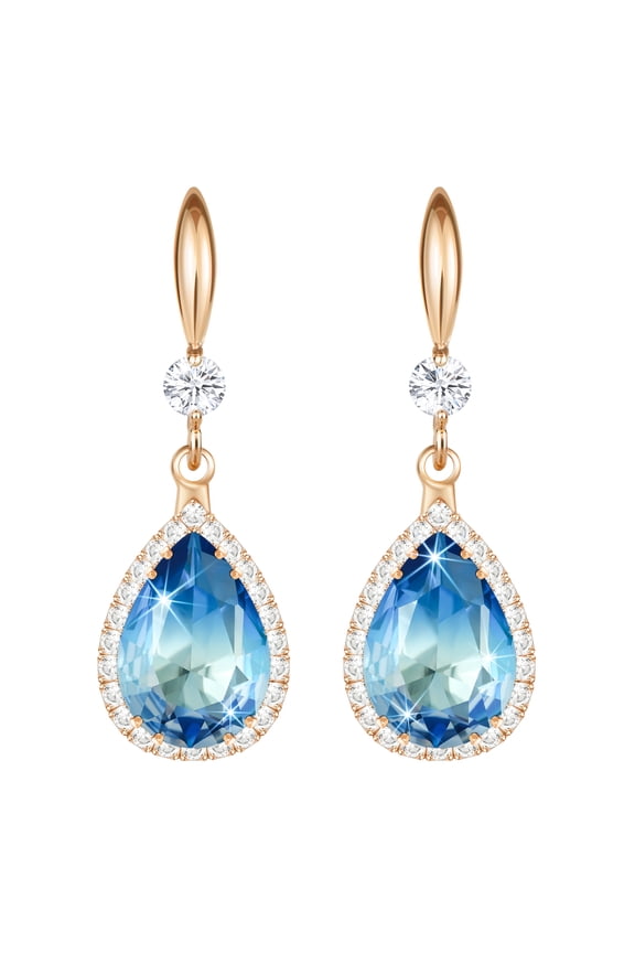 Rose Gold Dangle Imitation Diamond Wedding Earrings, Aquamarine Blue Earrings for Women Mom, Drop Chandelier Rhinestone Cubic Zirconia Crystal Teardrop Earrings Set