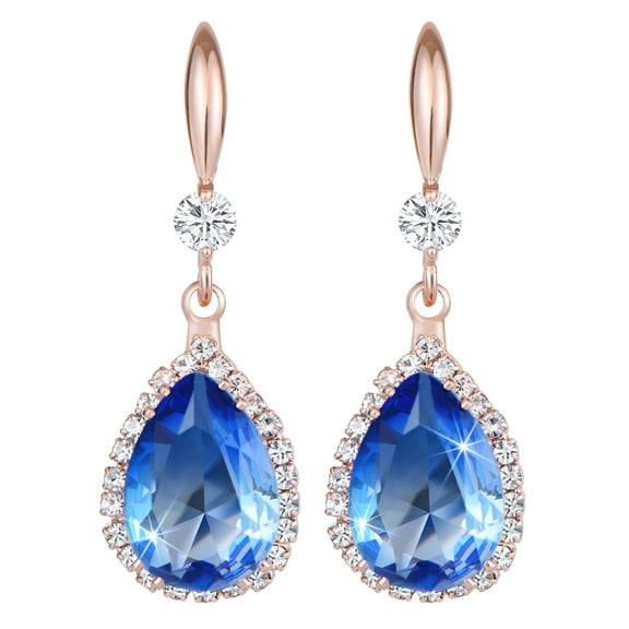 Linawe Rose Gold Dangle Diamond Wedding Earrings, Aquamarine Blue Earrings for Women, Drop Chandelier Rhinestone Cubic Zirconia Crystal Teardrop Earrings Set