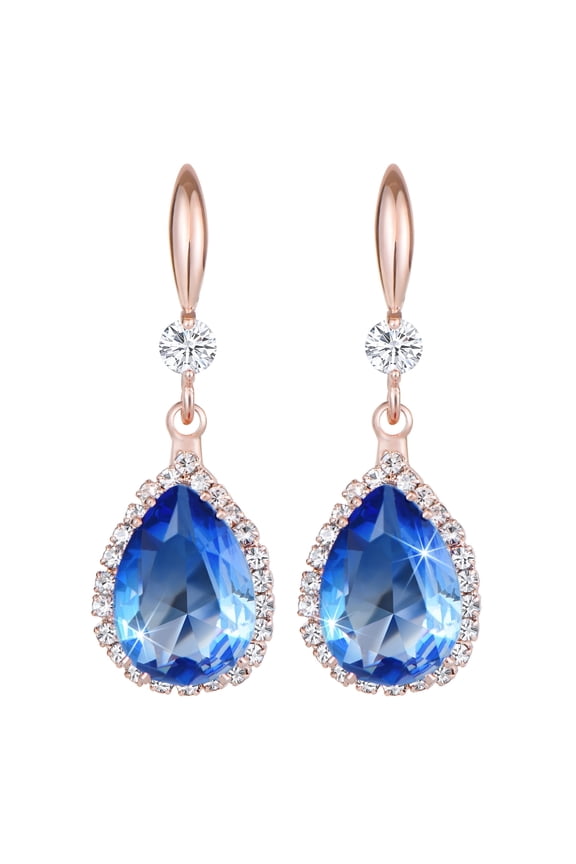 Rose Gold Dangle Diamond Wedding Earrings, Aquamarine Blue Earrings for Women, Drop Chandelier Rhinestone Cubic Zirconia Crystal Teardrop Earrings Set