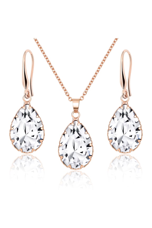 Rose Gold Wedding Jewelry Sets for Brides Bridesmaid, Crystal Imitation Diamond Pendant Necklace Set, Rhinestone Drop Dangle Earring Set, Cubic Zirconia Birthstone Teardrop Matching Jewelry