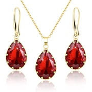 Linawe Ruby Crystal Wedding Jewelry Sets for Women, Garnet Imitation Diamond Pendant Necklace Set, Gold Plated Drop Dangle Red Earring Set, Boho Teardrop Rhinestone Birthstone Jewelry Set