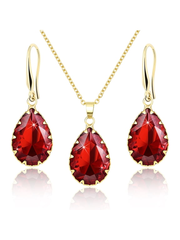 Ruby Crystal Wedding Jewelry Sets for Women, Garnet Imitation Diamond Pendant Necklace Set, Gold Plated Drop Dangle Red Earring Set, Boho Teardrop Rhinestone Birthstone Jewelry Set