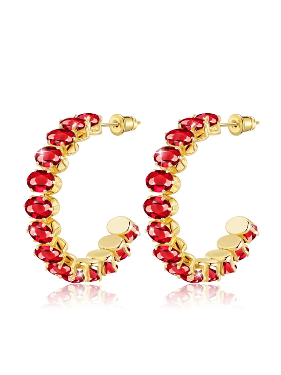 Ruby Red Chunky Gold Plated Hoop Earrings for Women, Gold Hoops Huggie Earrings, Sparkly Birthstone Rhinestone Cubic Zirconia Crystal Imitation Diamond Half Hoop Earrings
