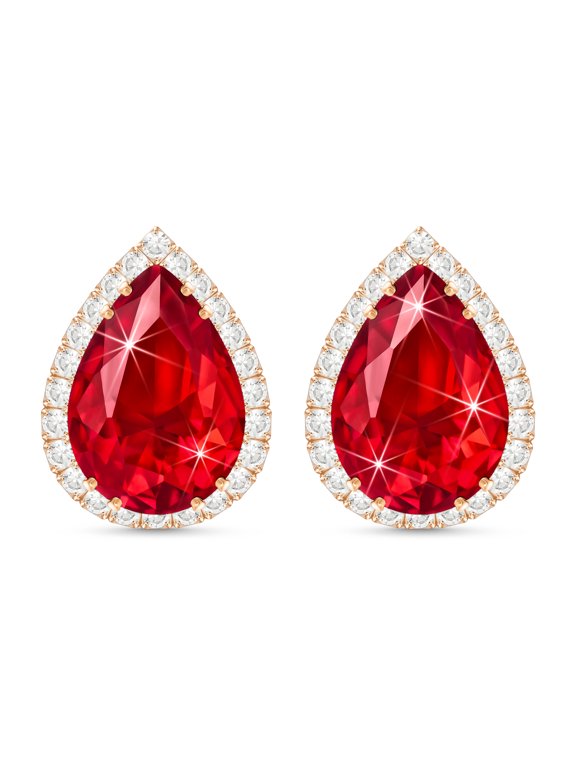 Ruby Red Imitation Diamond Stud Earrings for Women, Cubic Zirconia Teardrop Rhinestone Fake Crystal Earrings Studs, Rose Imitation Gold Plated Stainless Steel Earrings