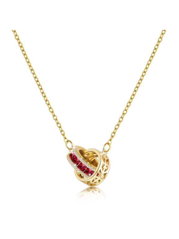 Ruby Red Moissanite 14K Gold Plated Necklace for Women, Interlocking Double Circle Diamond Crystal Birthstone Rhinestone Pendant Necklaces, Hypoallergenic Stainless Steel Chain