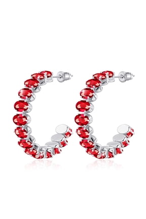 Ruby Red Silver Half Hoop Earrings for Women, Hypoallergenic Chunky Hoops Huggie Earrings, Birthstone Rhinestone Cubic Zirconia Crystal Imitation Diamond Sparkly Hoops
