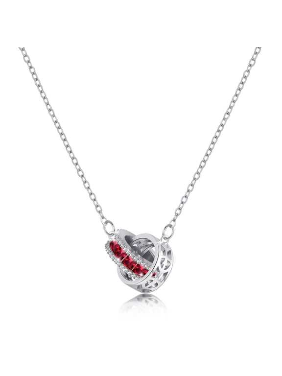 Ruby Red Silver Necklace for Women, Moissanite Diamond Crystal Rhinestone Birthstone Interlocking Double Circle Pendant Necklaces, Hypoallergenic Stainless Steel Chain