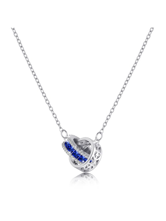 Sapphire Blue Pendant Interlocking Double Circle Silver Necklace for Women, Moissanite Diamond Crystal Birthstone Rhinestone Dainty Necklaces, Stainless Steel Chain