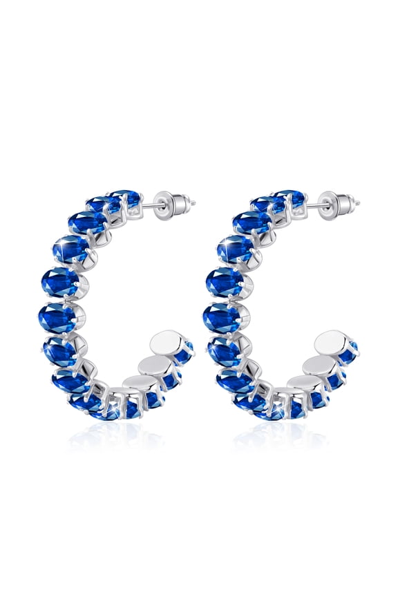 Sapphire Blue Silver Half Hoop Earrings for Women, Hypoallergenic Huggie Earrings, Birthstone Cubic Zirconia Rhinestone Imitation Diamond Crystal Titanium Hoop Earrings