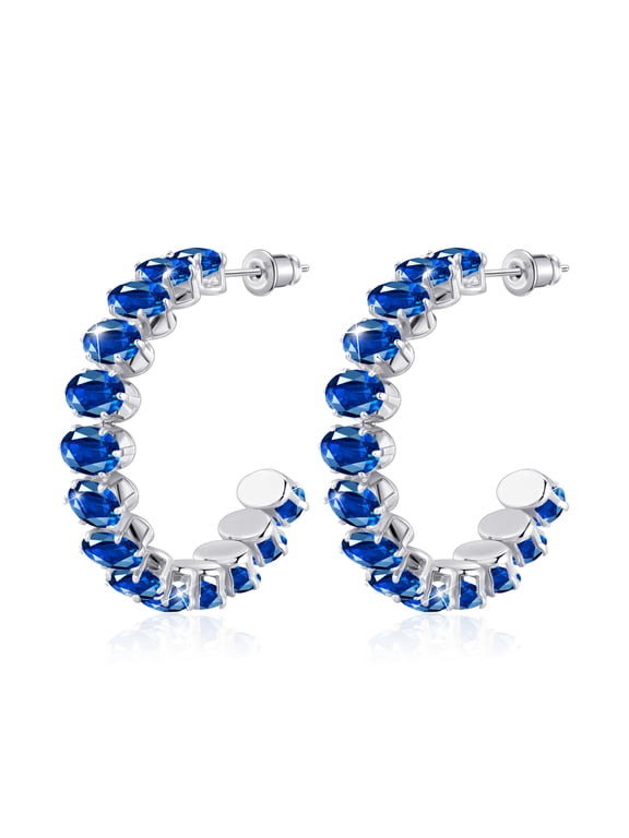 Sapphire Blue Silver Half Hoop Earrings for Women, Hypoallergenic Huggie Earrings, Birthstone Cubic Zirconia Rhinestone Imitation Diamond Crystal Titanium Hoop Earrings