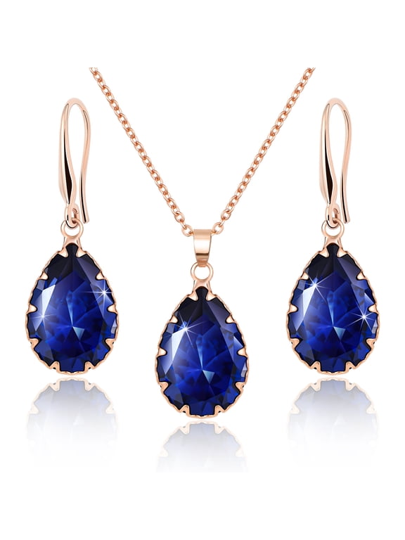 Sapphire Crystal Boho Jewelry Sets for Women, Navy Blue Earring Set Rose Gold Pendant Necklace Imitation Diamond Rhinestone Matching Cubic Zirconia Birthstone Teardrop