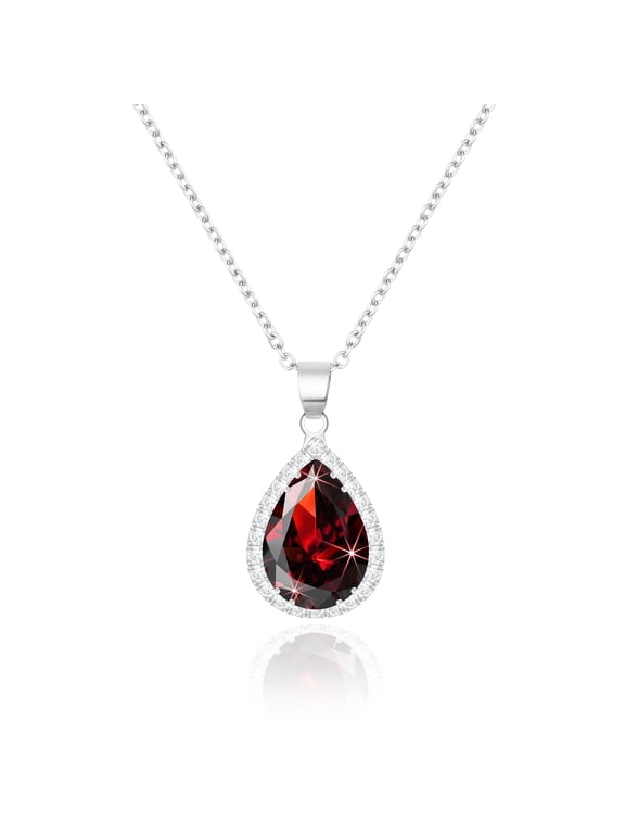 Silver Chain Necklace, Ruby Crystal Imitation Diamond Necklace for Women Trendy, Red Pendant, Costume Jewelry Cubic Zirconia Birthstone Rhinestone Set