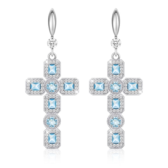 Linawe Silver Cross Earrings for Women, Aquamarine Blue Imitation Diamond Cross Dangle Earrings, Sparkly Rhinestone Cubic Zirconia Dangling Drop Earrings, Cross Costume Jewelry