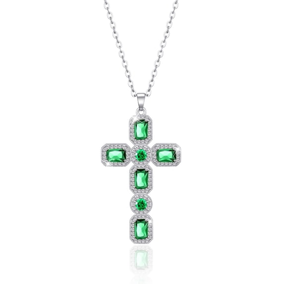 Linawe Silver Cross Necklace Emerald Green Cross Pendant Chain Necklace for Women, Crystal Imitation Diamond Birthstone Cubic Zirconia Necklace Jewelry, Birthday Catholic Religious Gifts