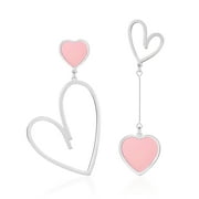 Linawe Silver Heart Earrings for Women, Pink Dangle Earrings Drop Dangling Earrings, Titanium Stainless Steel Hypoallergenic Asymmetrical Mismatched Cute Love Earrings Jewelry