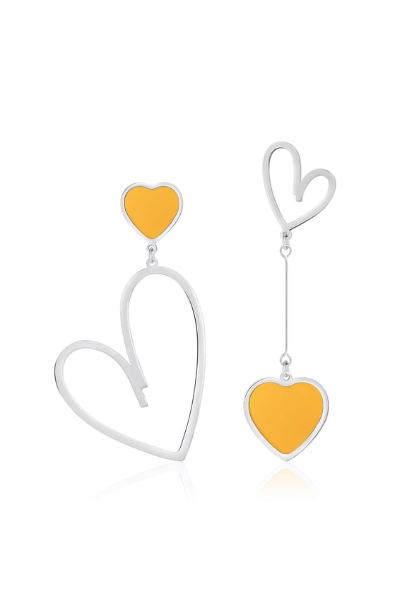 Silver Heart Earrings for Women, Titanium Surgical Steel Hypoallergenic Dangle Earrings, Yellow Drop Dangling Earrings, Asymmetrical Mismatched Big Heart Jewelry