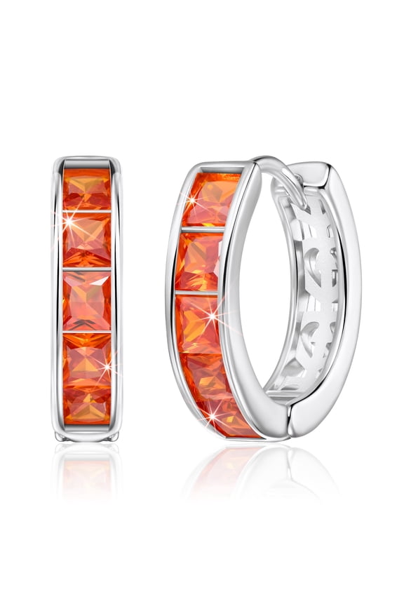 Silver Hoop Stud Earrings, Orange Cubic Zirconia Huggie Earrings for Women, Cartilage Tragus Piercing Jewelry, Imitation Diamond Rhinestone Crystal Birthstone Small Dainty Hoops