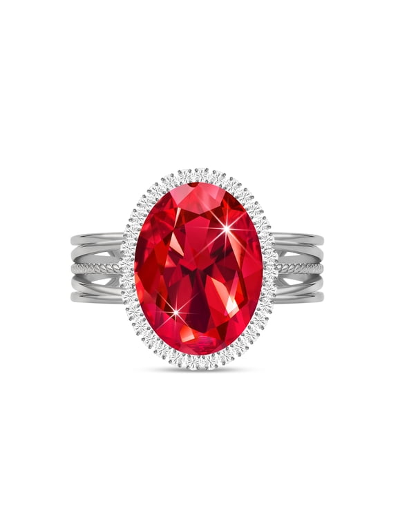 Silver Plated Birthstone Adjustable Rings for Women, Red Chunky Rings, Oval Fake Imitation Diamond Crystal Gemstone Rhinestone Cubic Zirconia Rings, Statement Costume Ring