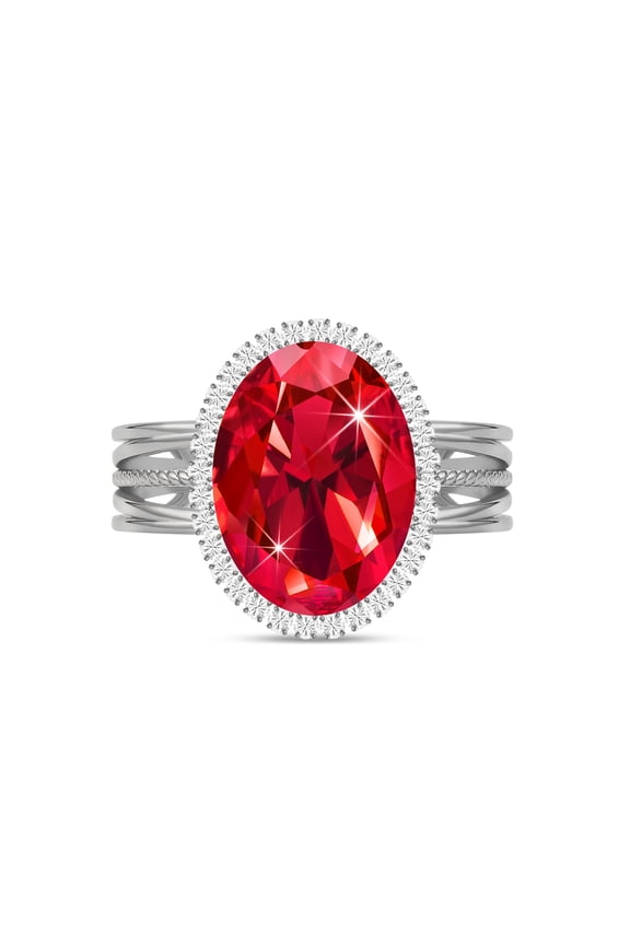 Silver Plated Birthstone Adjustable Rings for Women, Red Chunky Rings, Oval Fake Imitation Diamond Crystal Gemstone Rhinestone Cubic Zirconia Rings, Statement Costume Ring