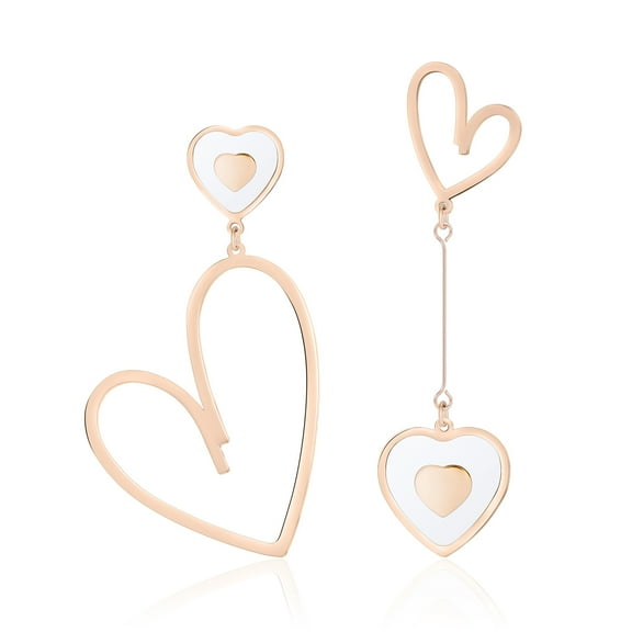Linawe White Heart Earrings for Women Trendy, Hypoallergenic Stainless Steel Rose Gold Dangle Drop Earrings, Mismatched Unique Preppy Y2K Jewelry, Anniversary Birthday Gift for Her