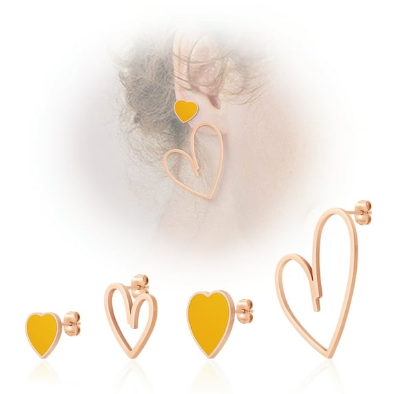 Linawe Yellow Heart Earrings for Women Trendy, Hypoallergenic Stainless Steel Rose Gold Stud Earrings Set for Multiple Piercing, Cute Preppy Y2K Unique Cartilage Tragus Jewelry