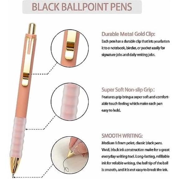 Linbsunne Ballpoint Pens Black Medium Point 1mm Pen with Super Soft Grip Ball Point Pen for Men Women Retractable Pens (gold-12 pcs)