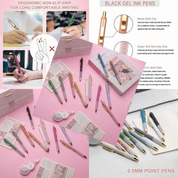 Linbsunne Gel Pens Black Ink Pen 0.5mm fine Point Pens Smooth Writing Retractable Office plies 12-count