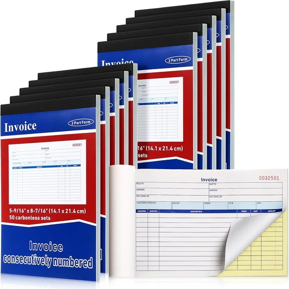 Lincia 10 Pack Invoice Book 2-Part Carbonless, 5-9/16" x 8-7/16" Invoice Receipt Book for Small Business, 50 Sets Per Books