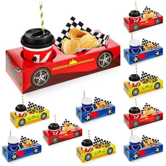 Lincia 12 Pieces Race Party Food Boxes Birthday Party Supplies Food Trays with Snack and Drinks Boxes and 1 Pack Checkered Napkin for Birthday Race Themed Party Supplies (Red,Blue,Yellow) C48