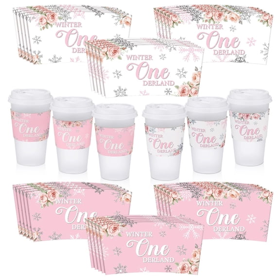 Lincia 30 Pcs Winter Onederland 1st Birthday Girl Pink Coffee Cup Sleeves Disposable Winter Onederland Birthday Decorations Party Supplies Baby Shower Decoration for Girl C113
