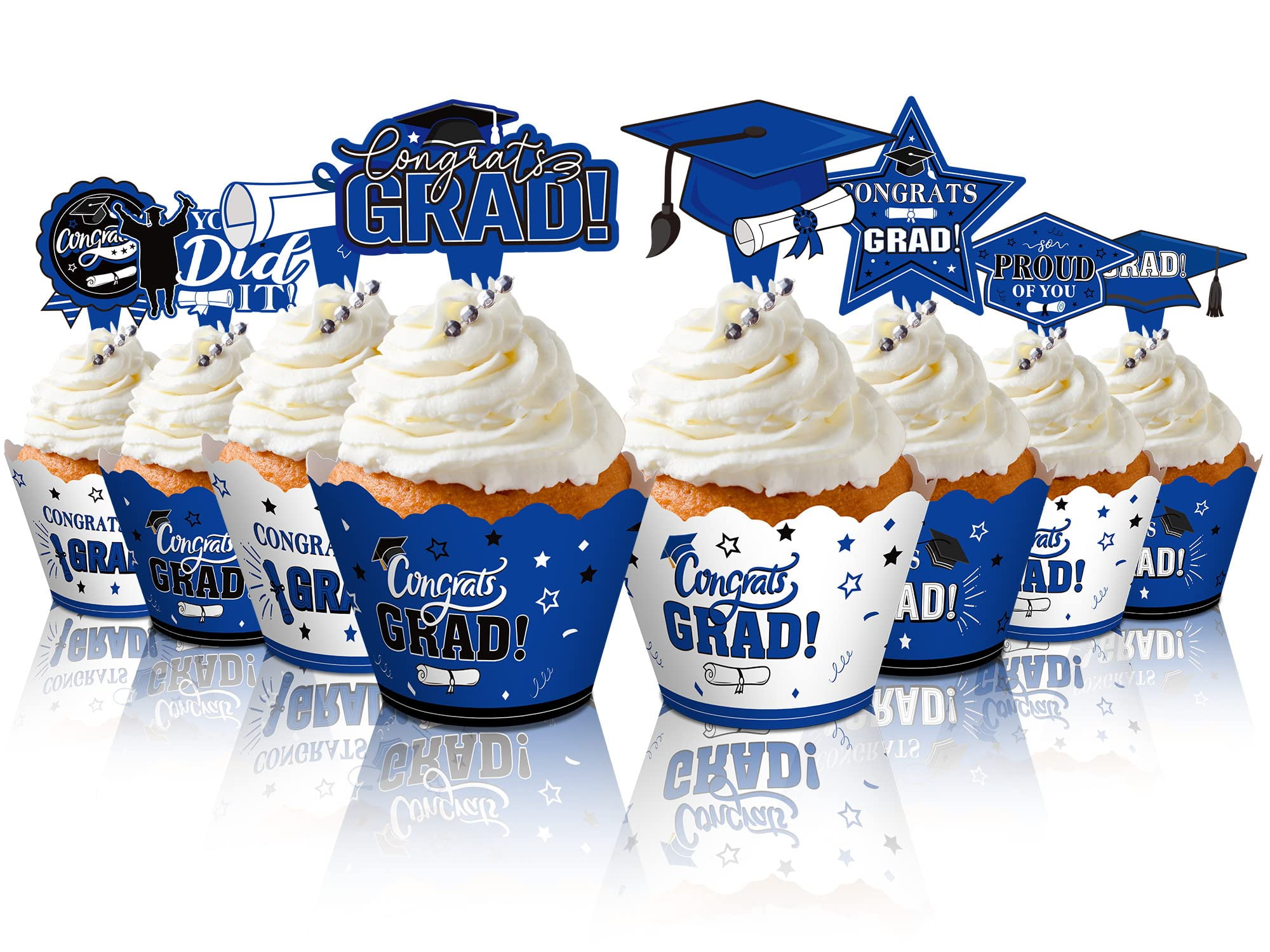 Sinmoe 96-Piece 2025 Graduation Cupcake Toppers & Wrappers - Blue & Gold, Adjustable, Class Of 2025 Decor