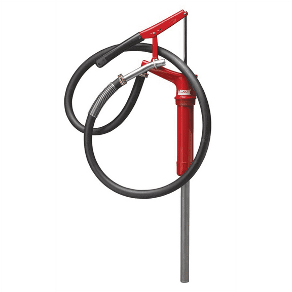 Lincoln 1335 Lever-Action Fluid Transfer Pump, Fits 16- to 55 Gallon Drums, 8.5 Fl. Oz. Per Stroke, 2" Bung, Brass Rings, 6' Removable Hose, Steel Outlet Nozzle, Check Valve, Multi-position Handle