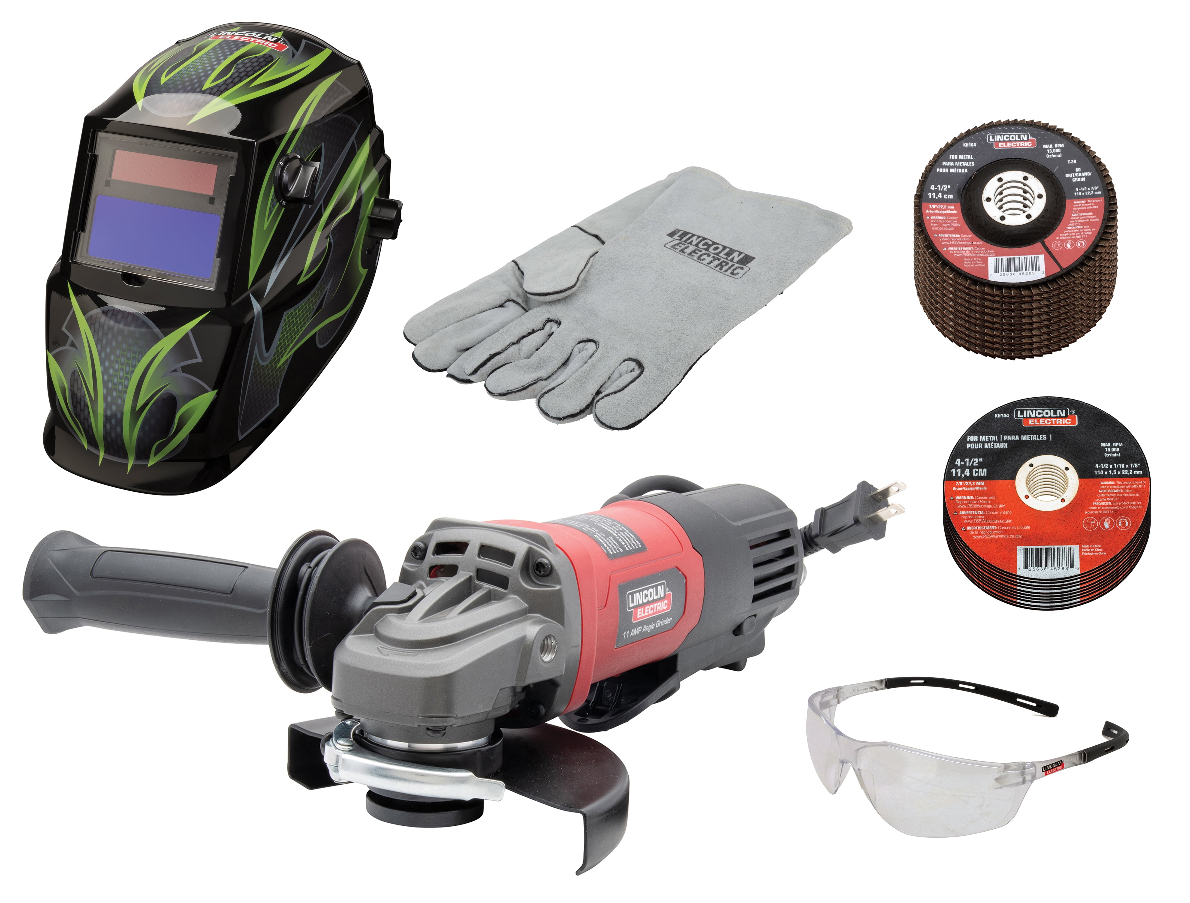 Lincoln Electric 11 Amp Angle Grinder Helmet Kit with 10 Cut-off Wheels, 10 Flap Discs, Safety Glasses and Welding Gloves
