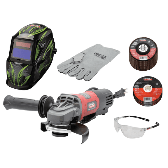 Lincoln Electric 11 Amp Angle Grinder Helmet Kit with 10 Cut-off Wheels, 10 Flap Discs, Safety Glasses and Welding Gloves
